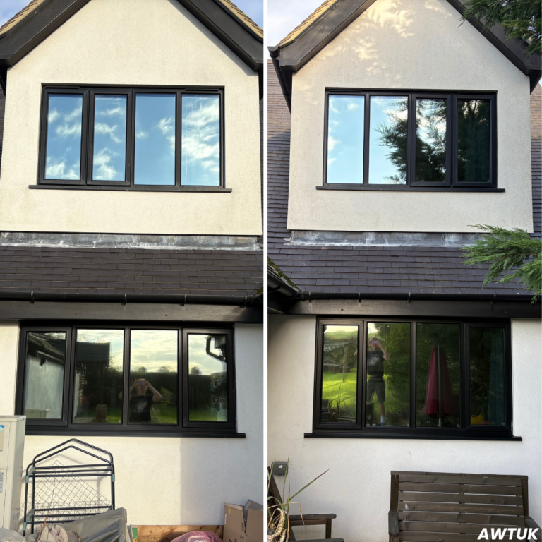 Privacy window film installed on black framed windows in Essex