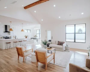 Modern living room with large windows and natural daylight