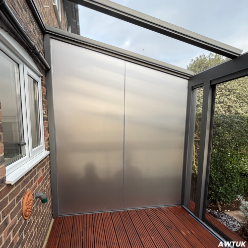 Frosted privacy window film installed on awning glass in London